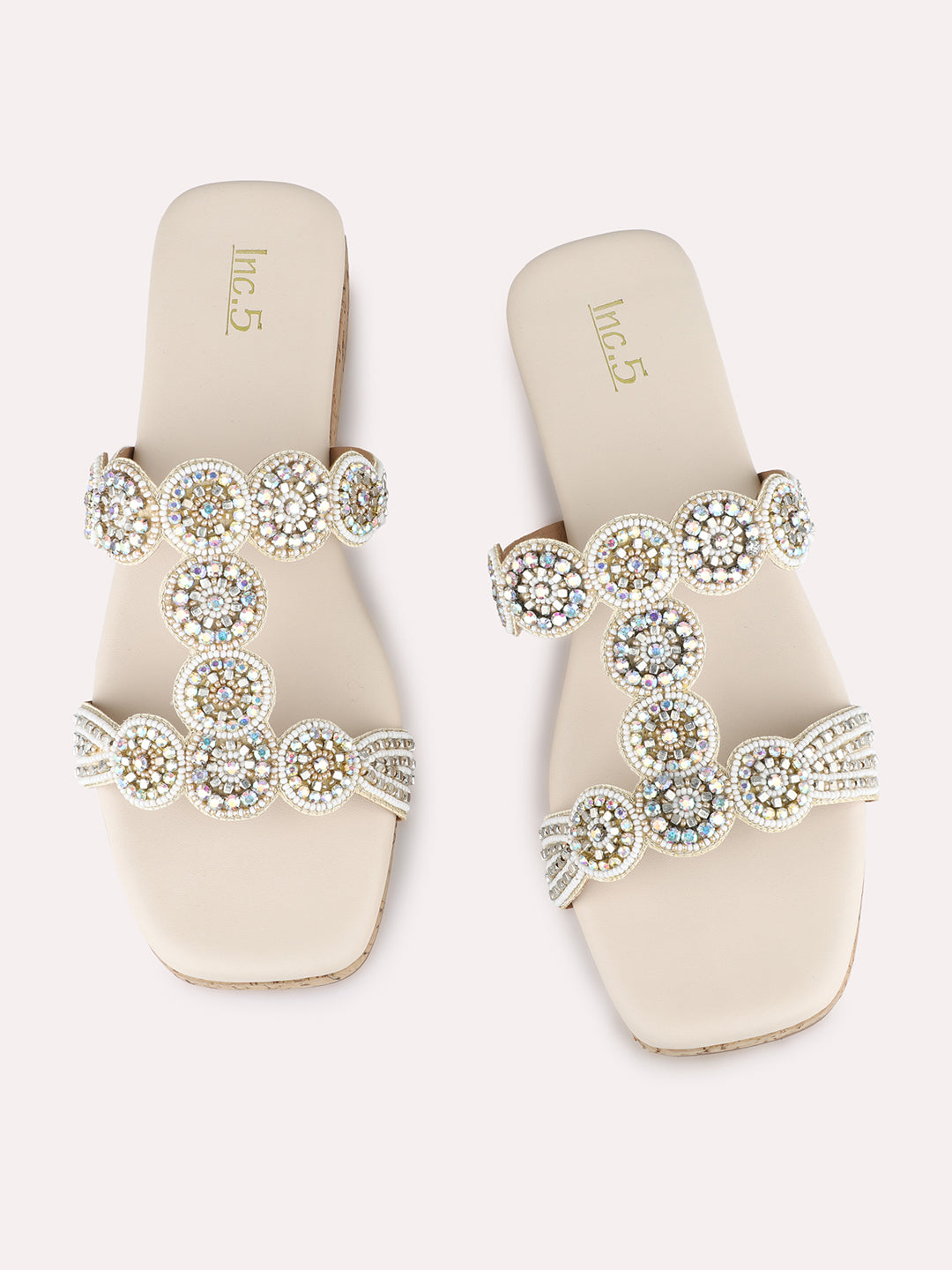 Women Cream Casual Embellished Round Toe Open Toe Slip-On Flats