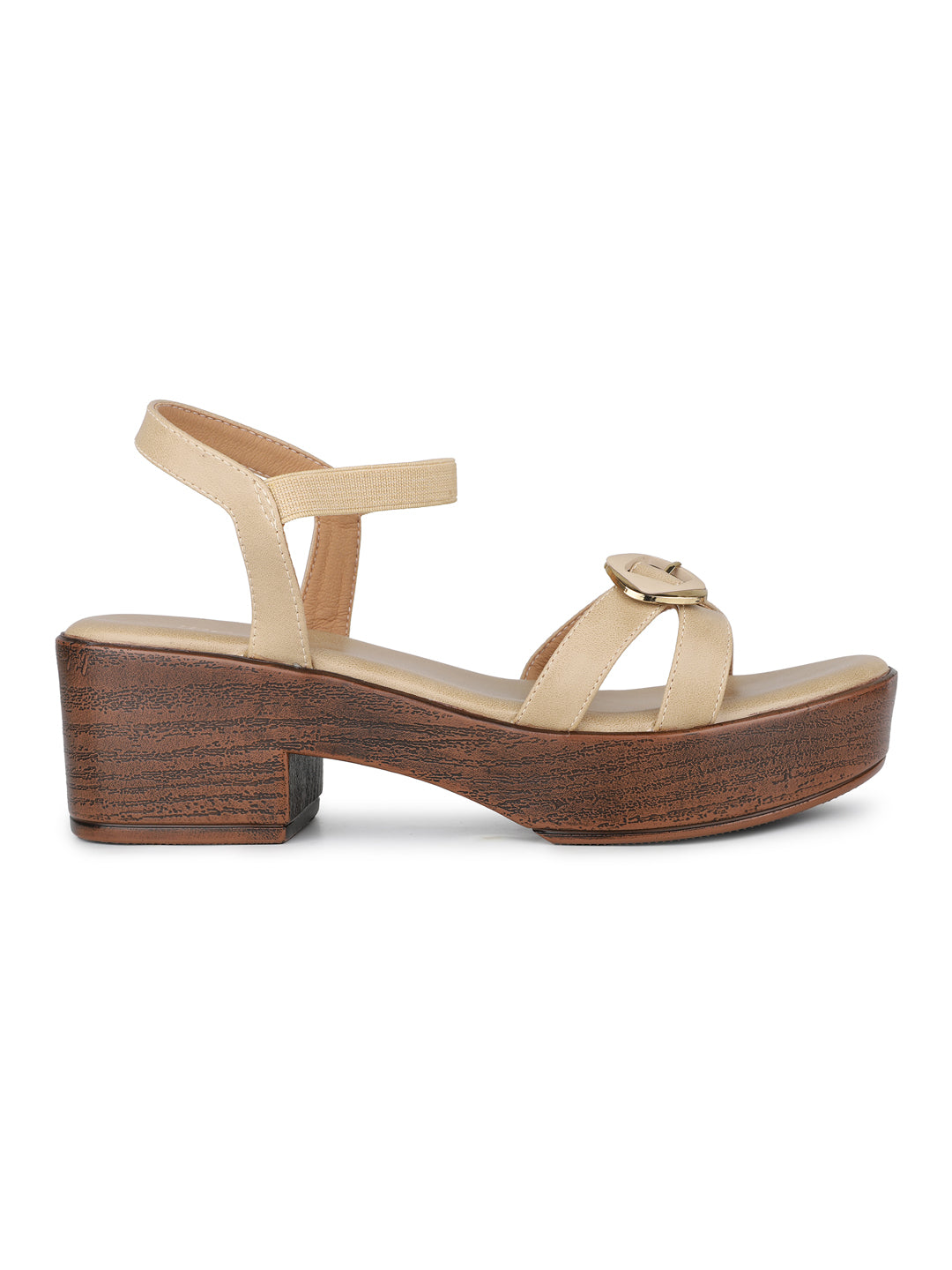 Womens Beige Party Wear Striped Round Toe Platform Heel Sandals