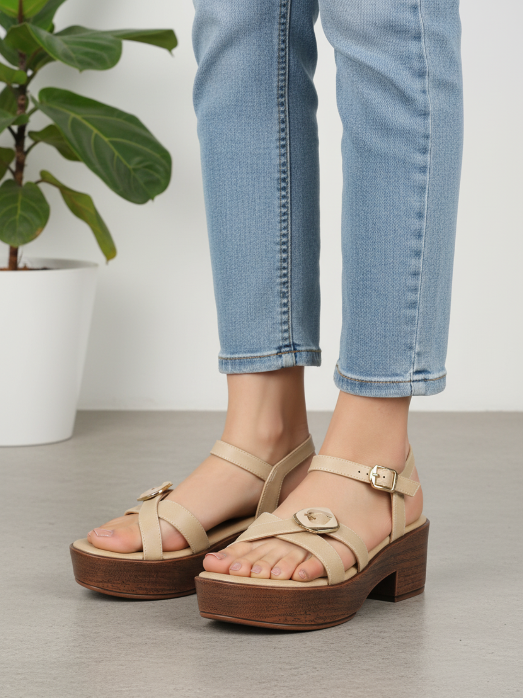 Womens Beige Party Wear Striped Round Toe Platform Heel Sandals