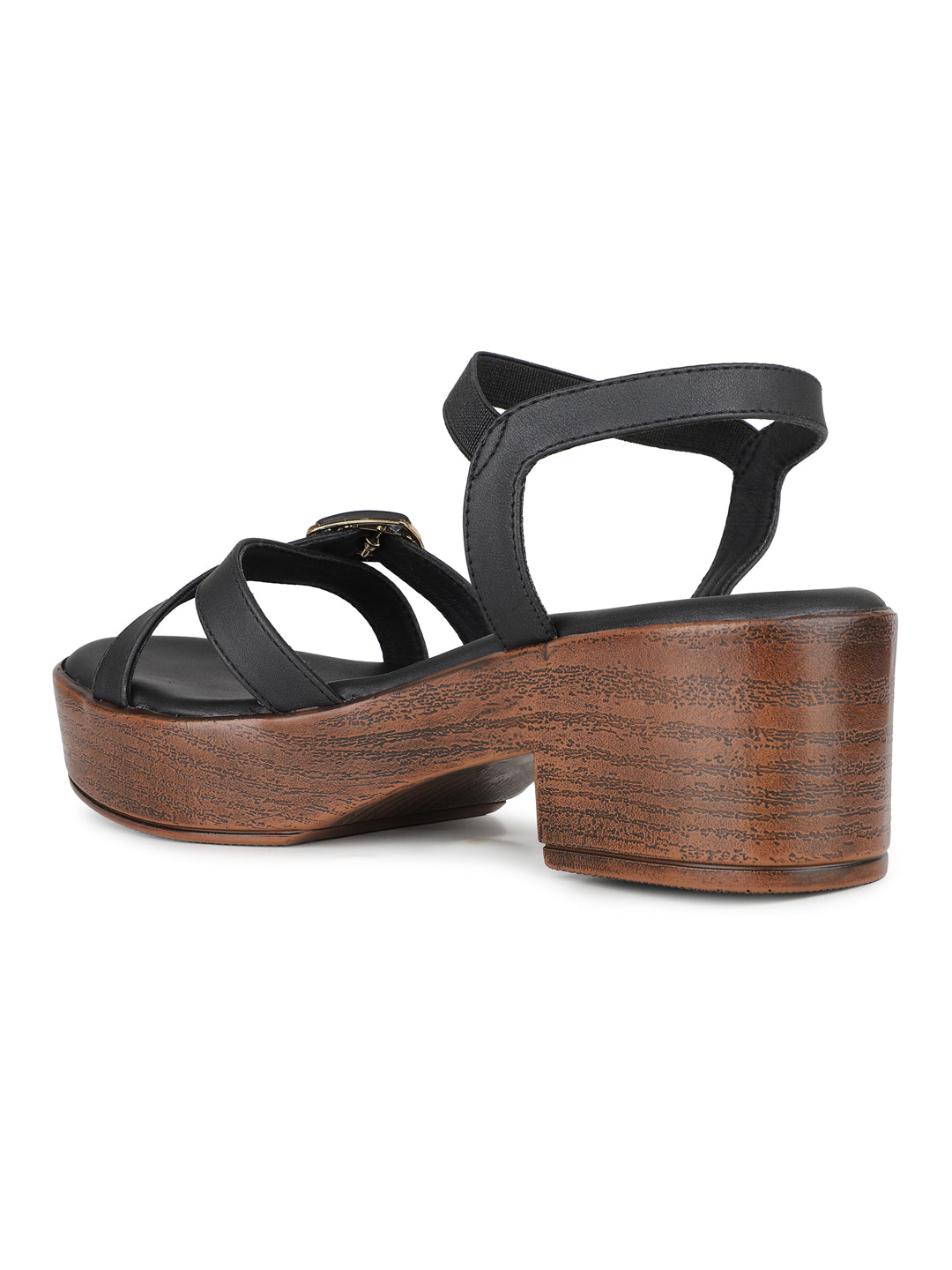 Womens Black Party Wear Striped Round Toe Platform Heel Sandals