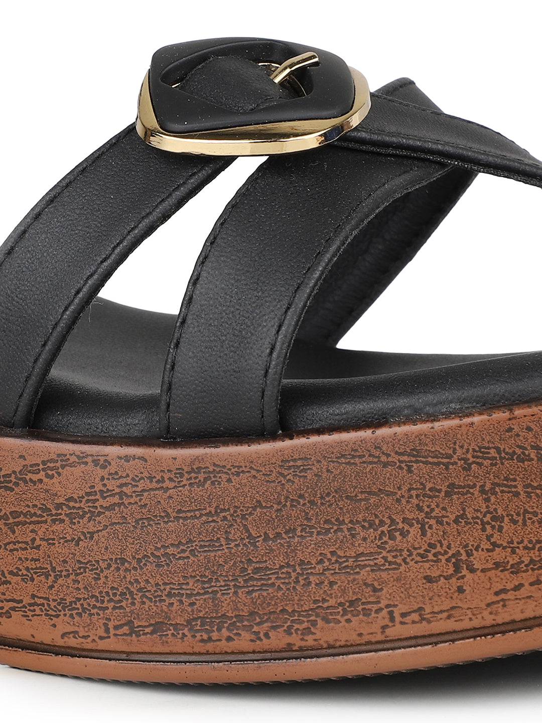 Womens Black Party Wear Striped Round Toe Platform Heel Sandals