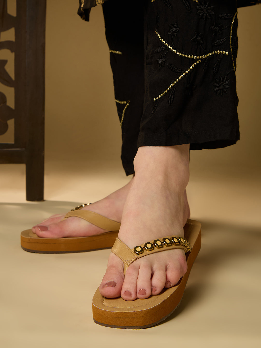 Womens Beige Ethnic Embellished T-Strap Flat Slip-On Sandals