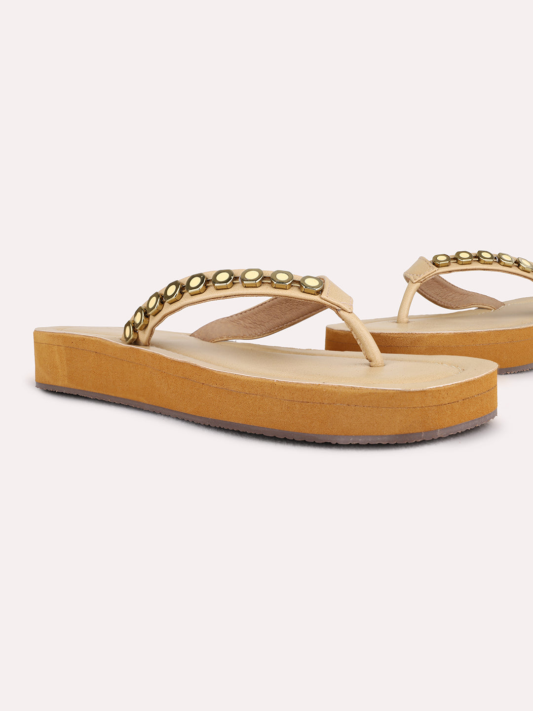 Womens Beige Ethnic Embellished T-Strap Flat Slip-On Sandals