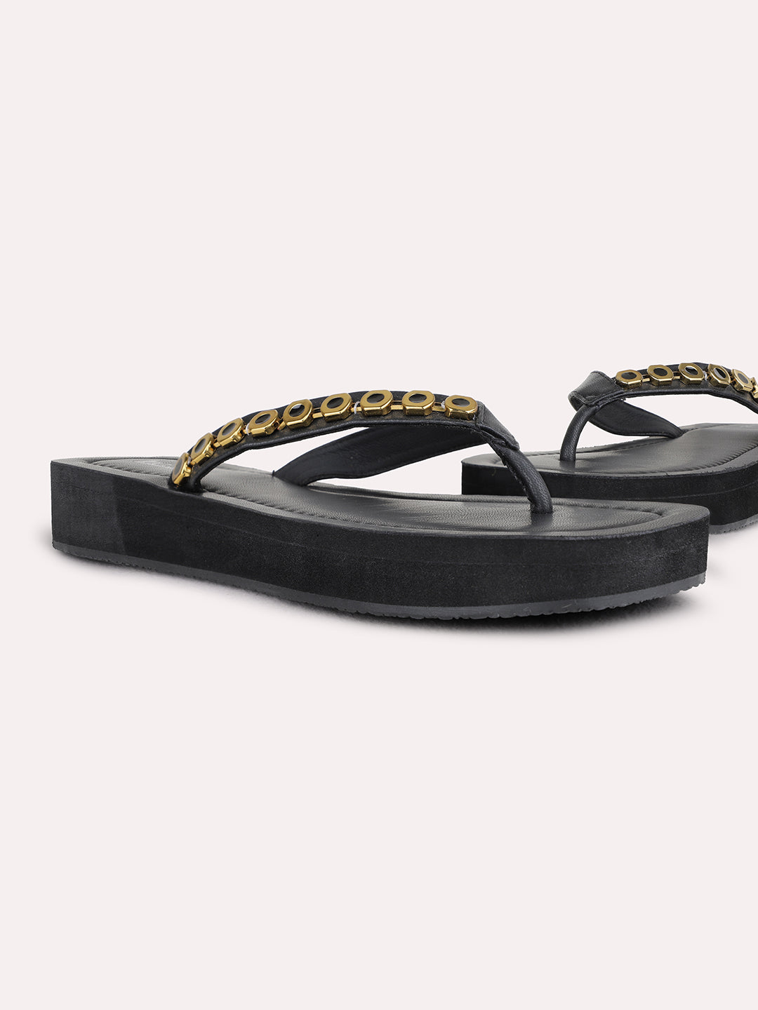 Womens Black Ethnic Embellished T-Strap Flat Slip-On Sandals