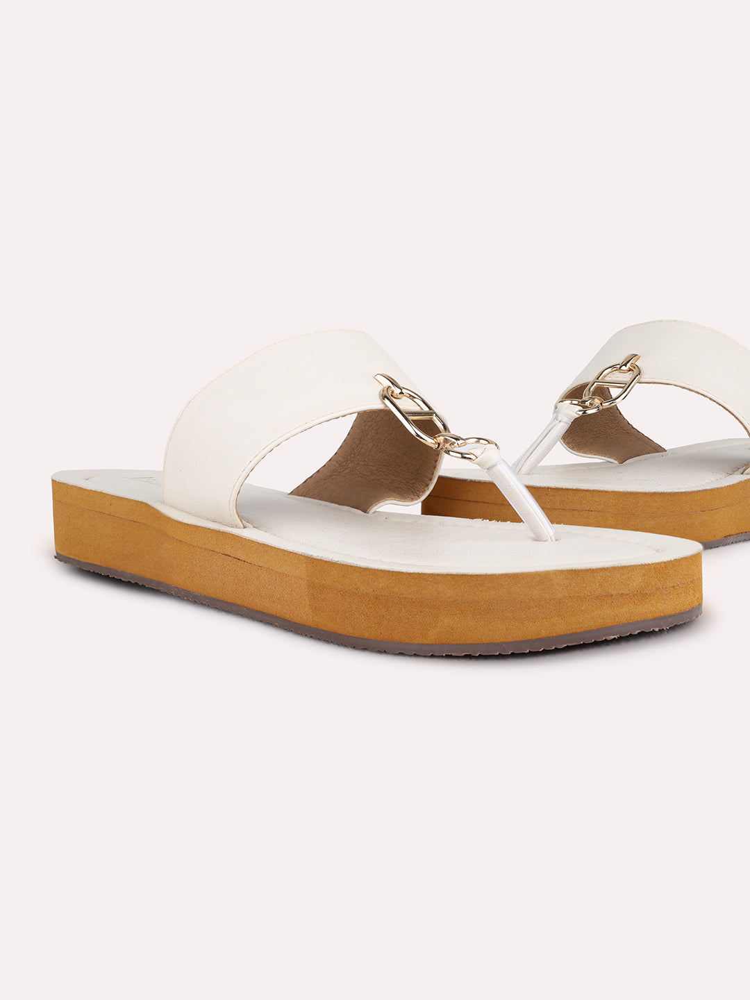 Womens Cream Casual Solid T-Strap Flat Slip-On Sandal