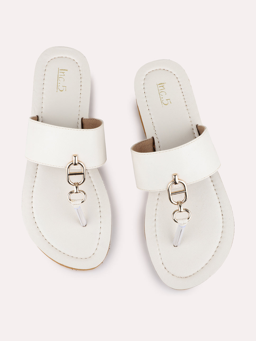 Womens Cream Casual Solid T-Strap Flat Slip-On Sandal