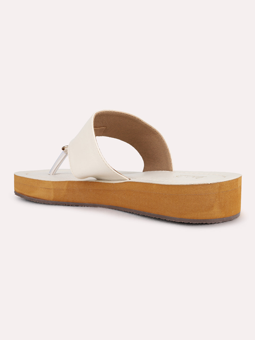 Womens Cream Casual Solid T-Strap Flat Slip-On Sandal