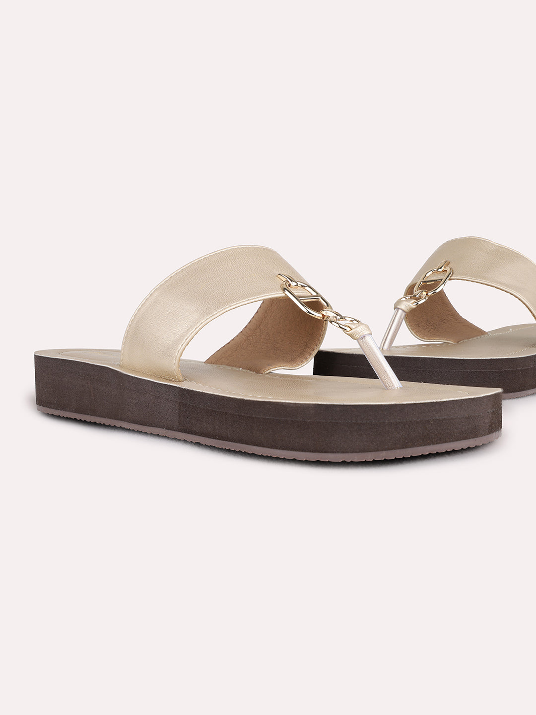 Womens Golden Casual Solid T-Strap Flat Slip-On Sandal