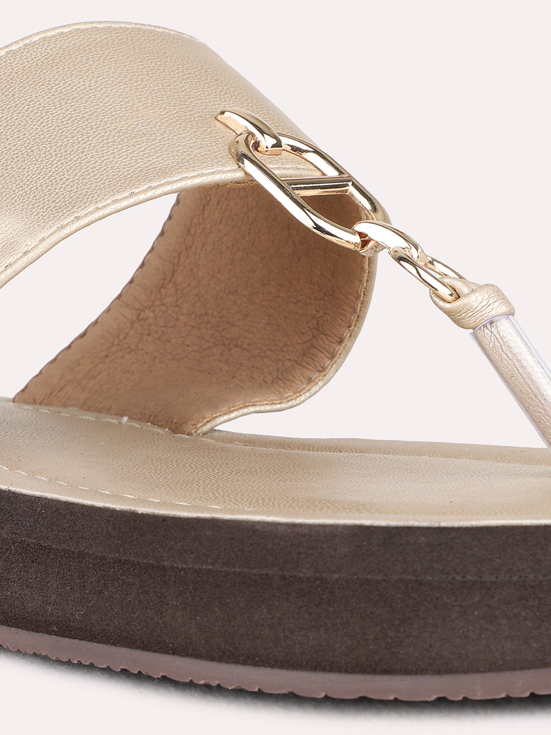 Womens Golden Casual Solid T-Strap Flat Slip-On Sandal