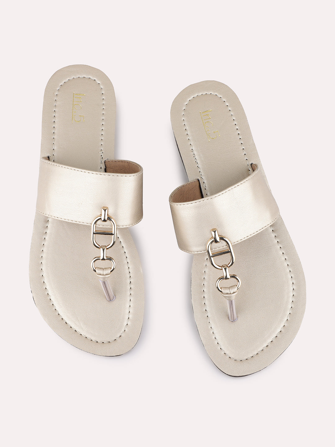 Womens Golden Casual Solid T-Strap Flat Slip-On Sandal