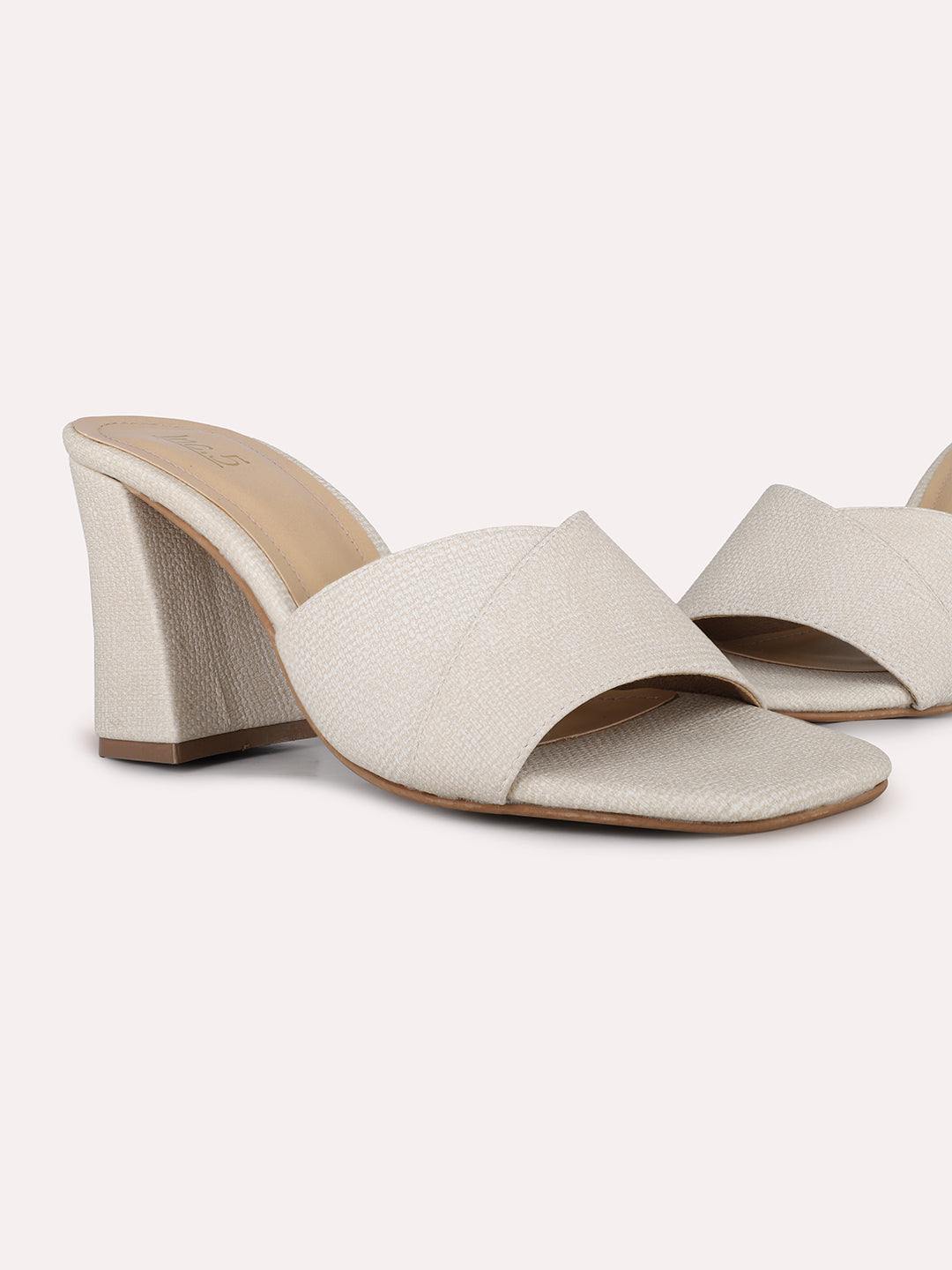 Women Cream Party Wear Solid Square Toe Block Heel Sandals