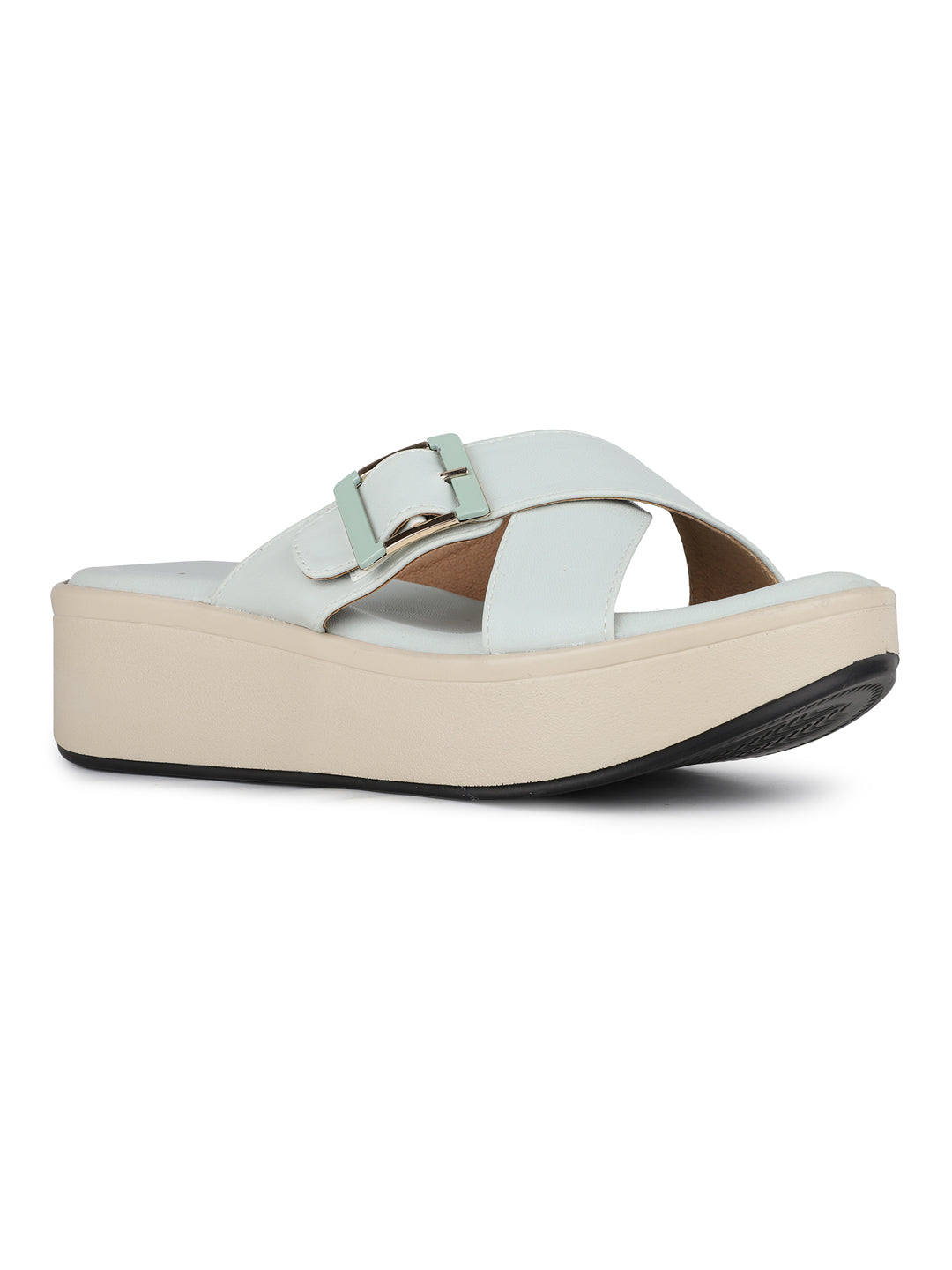 Womens Green Party Wear Solid Round Toe Wedge Heel Sandals