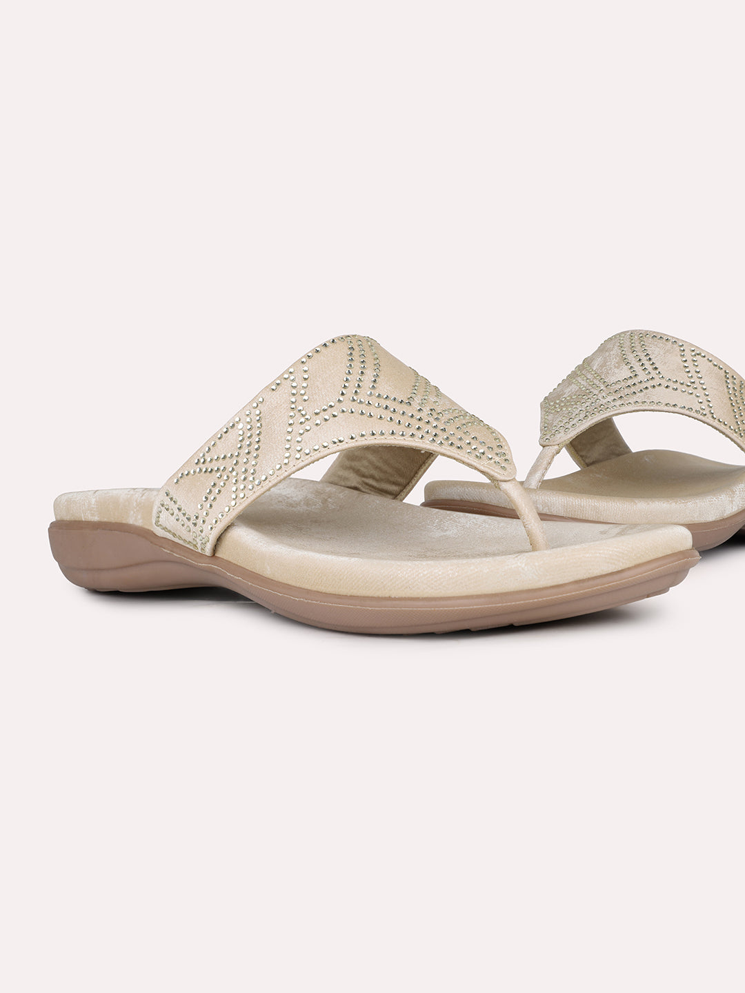 Women Beige Ethnic Embellished Round Toe T-Strap Slip-On Flats