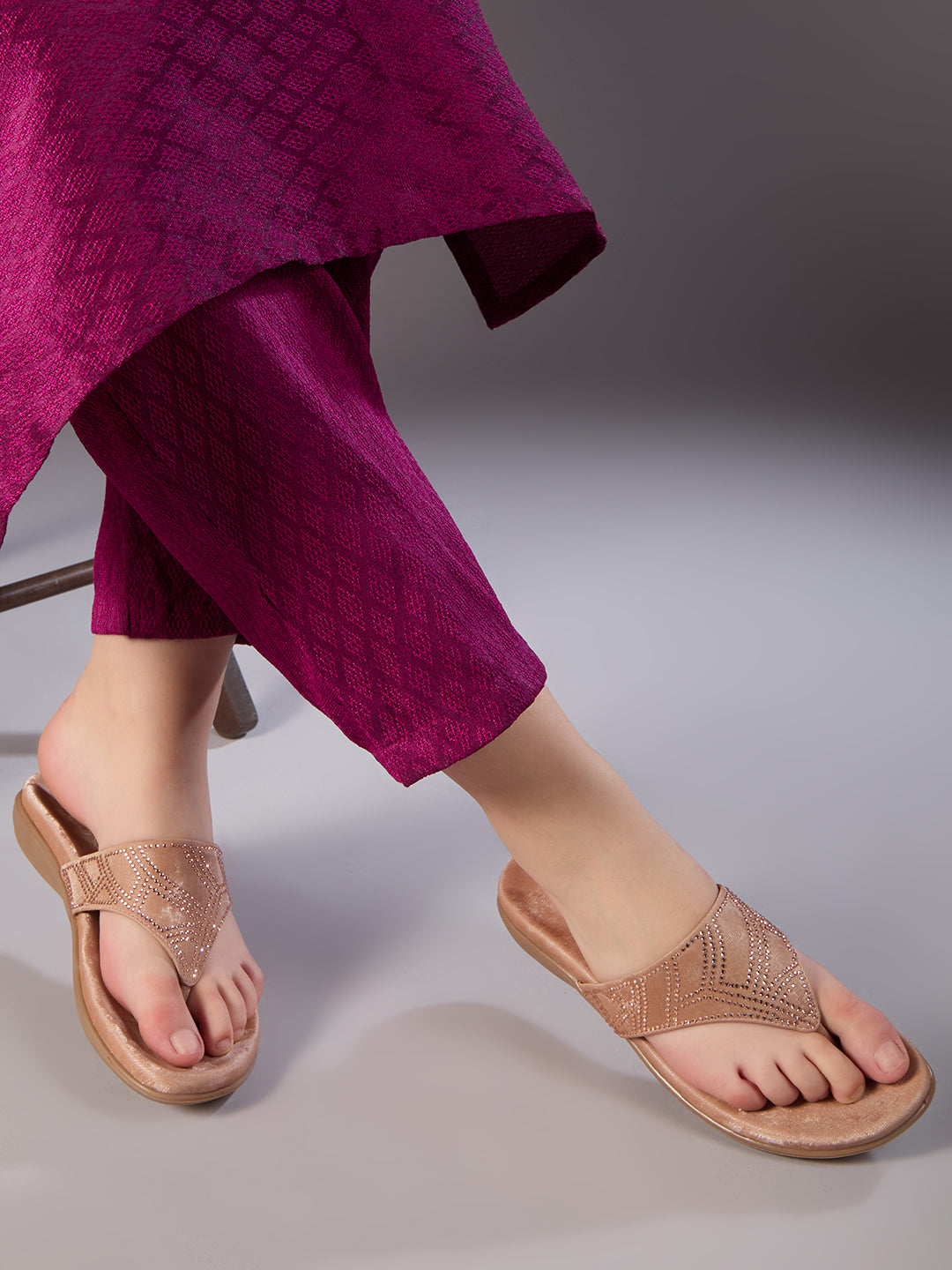 Women Peach Ethnic Embellished Round Toe T-Strap Slip-On Flats