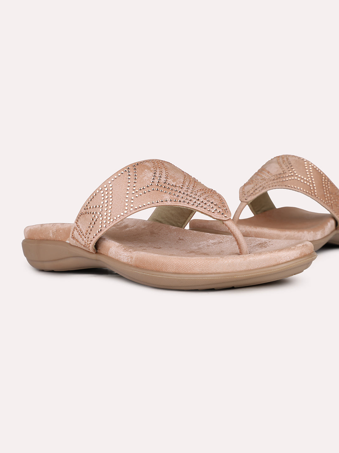Women Peach Ethnic Embellished Round Toe T-Strap Slip-On Flats