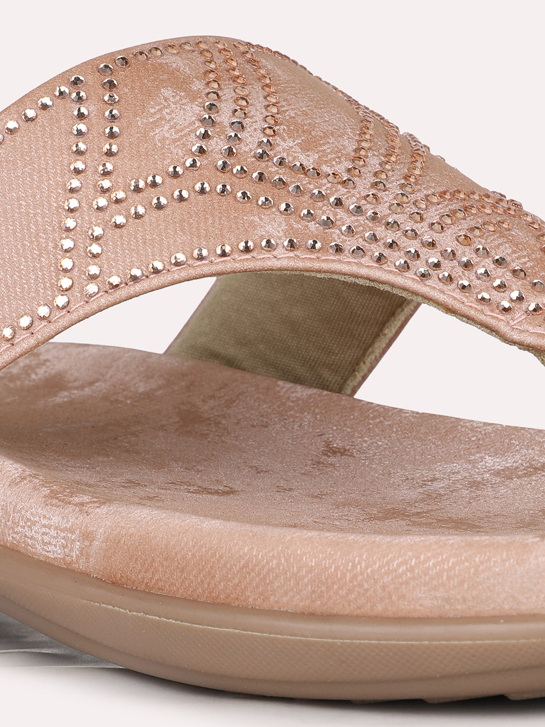 Women Peach Ethnic Embellished Round Toe T-Strap Slip-On Flats