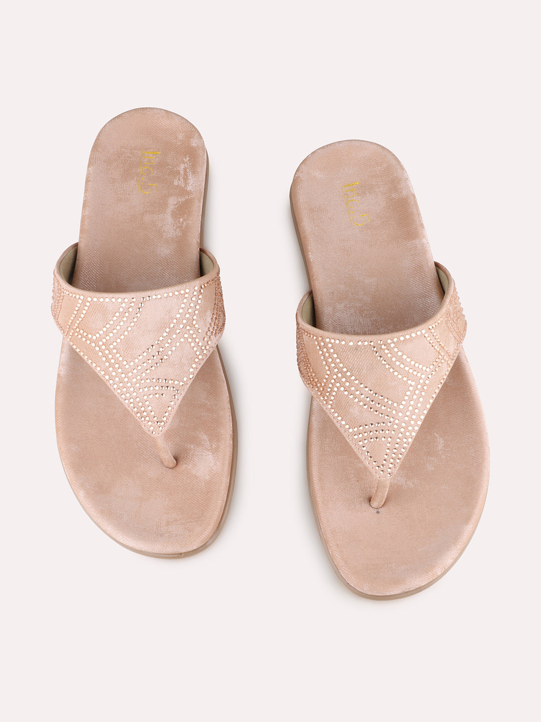 Women Peach Ethnic Embellished Round Toe T-Strap Slip-On Flats