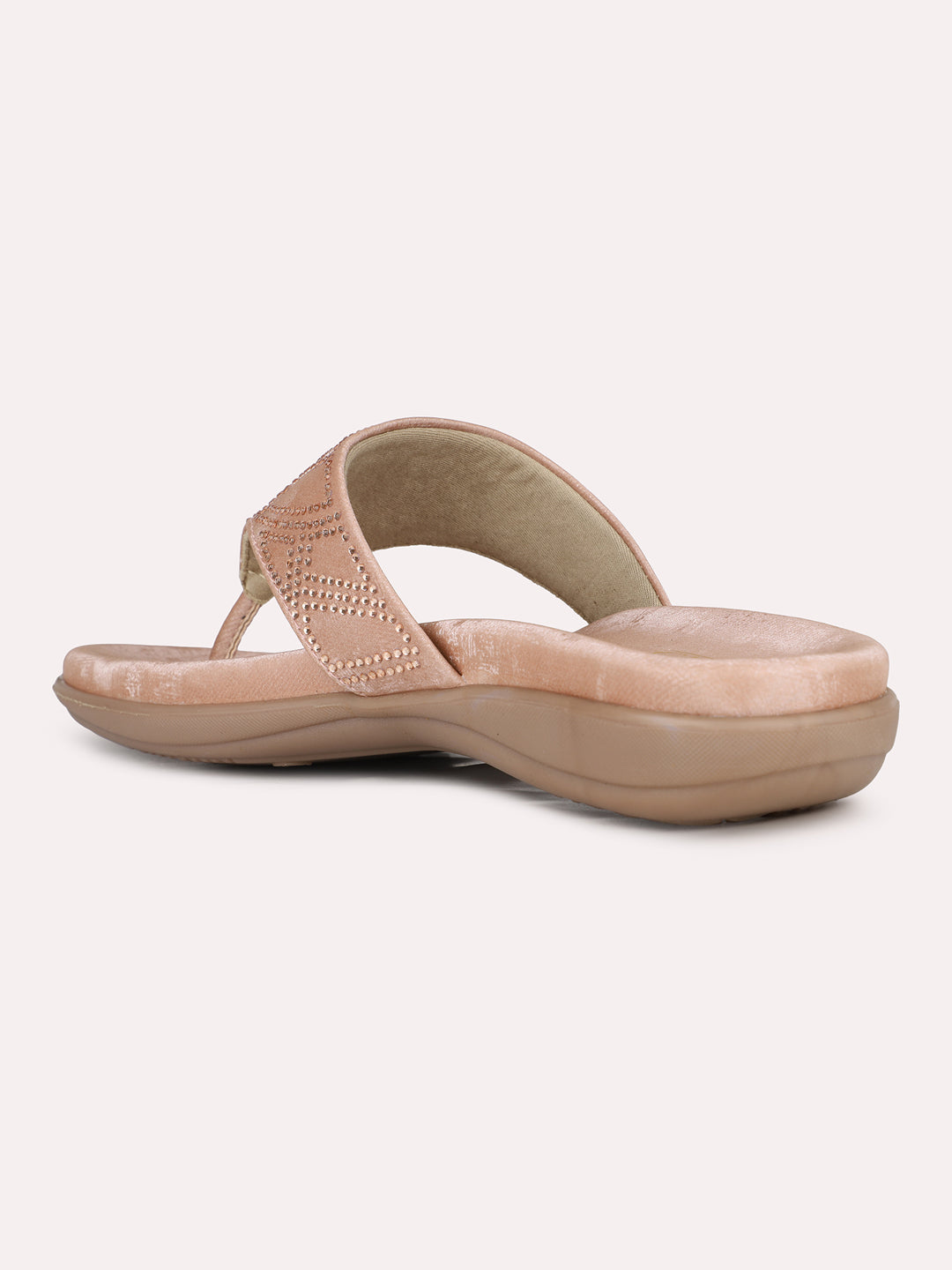 Women Peach Ethnic Embellished Round Toe T-Strap Slip-On Flats