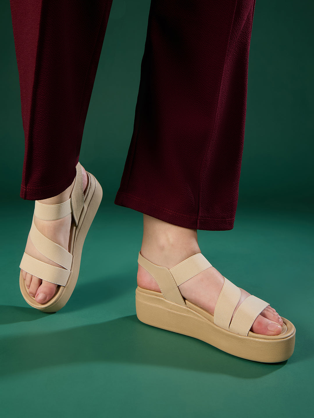 Women Beige Party Wear Solid Round Toe Wedge Heel Sandals