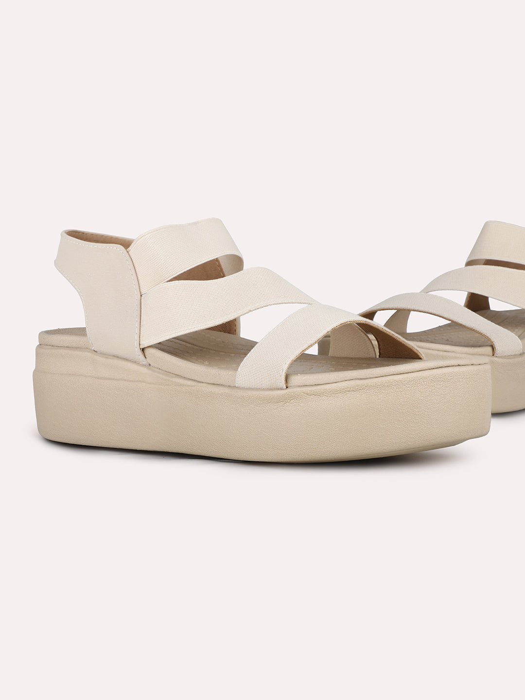 Women Beige Party Wear Solid Round Toe Wedge Heel Sandals