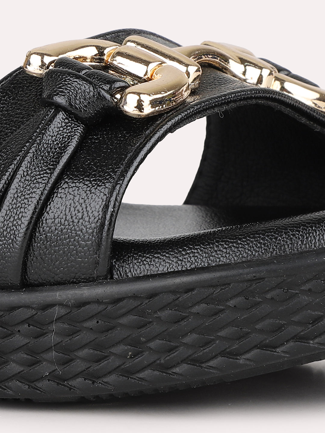 Women Black Party Wear Solid Pattern Round Toe Wedge Heel Sandals