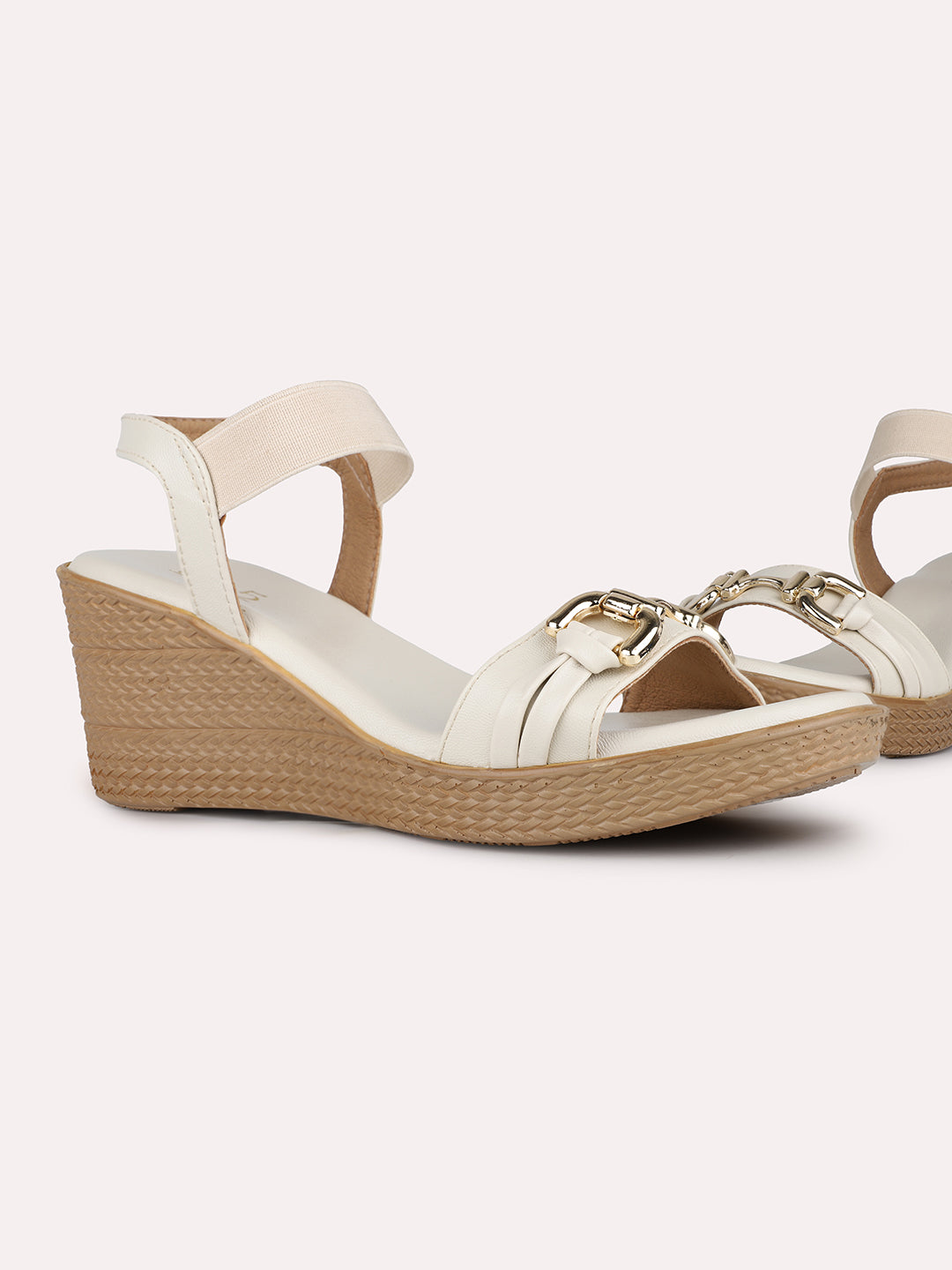 Women Cream Party Wear Solid Round Toe Wedge Heel Sandals