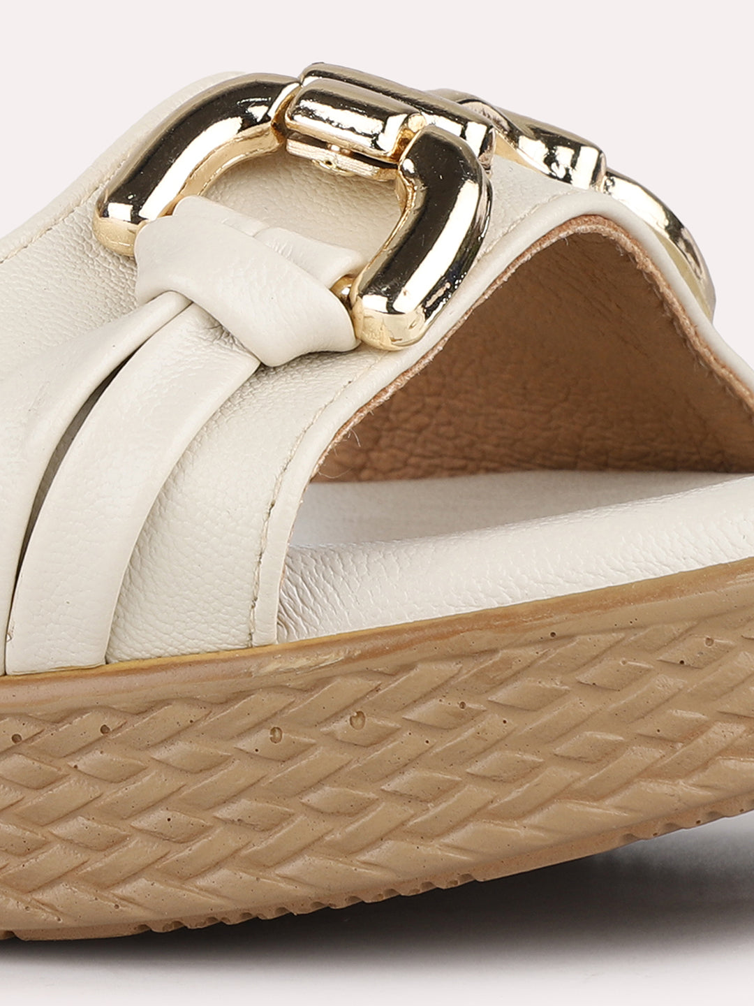 Women Cream Party Wear Solid Round Toe Wedge Heel Sandals