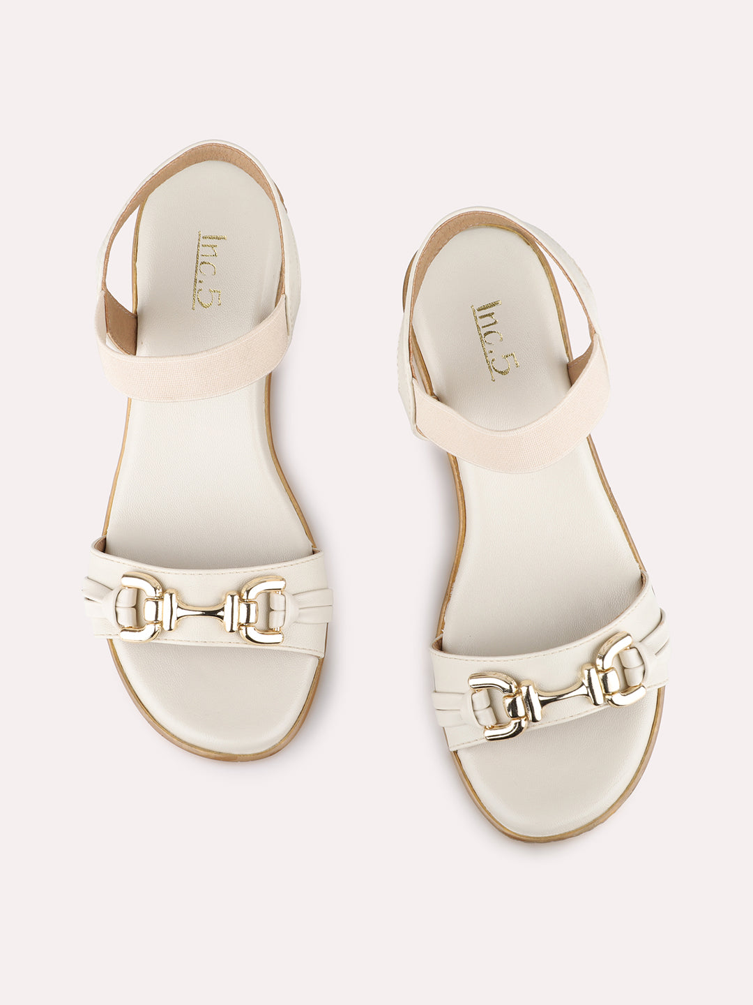 Women Cream Party Wear Solid Round Toe Wedge Heel Sandals