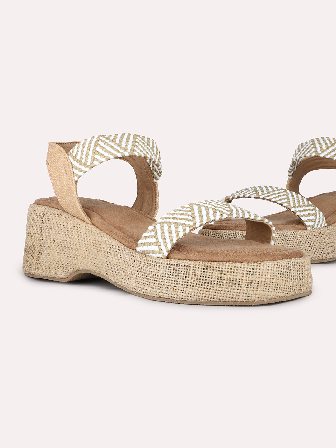 Women Beige Party Wear Printed Round Toe Platform Heel Sandals