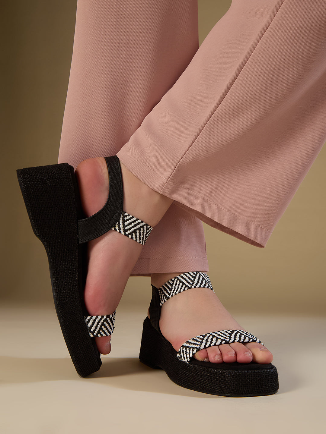 Women Black Party Wear Printed Round Toe Platform Heel Sandals