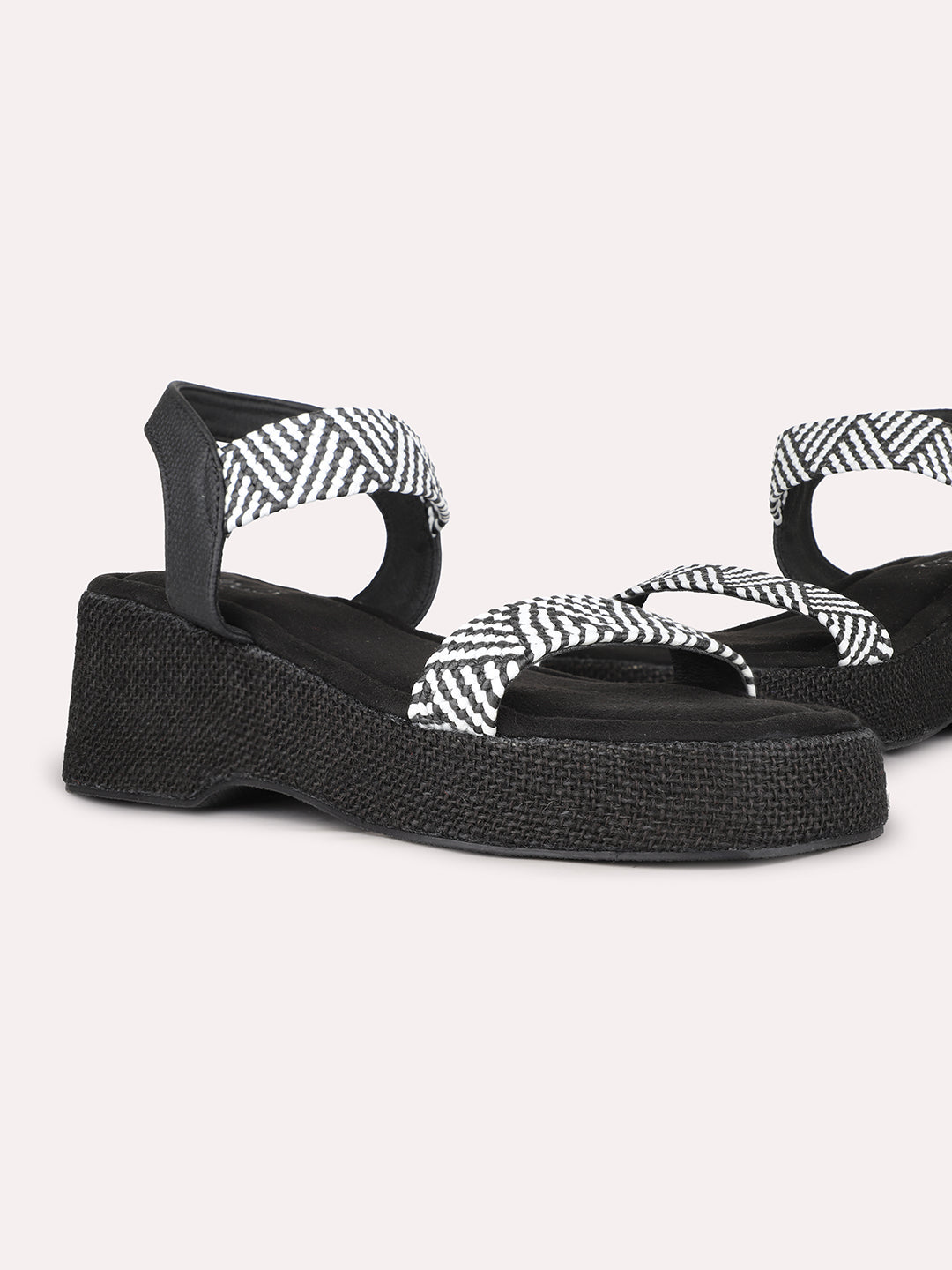 Women Black Party Wear Printed Round Toe Platform Heel Sandals