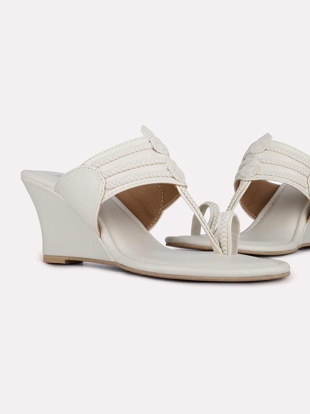 Womens Cream Party Wear Kolhapuri Wedge Heel Sandals