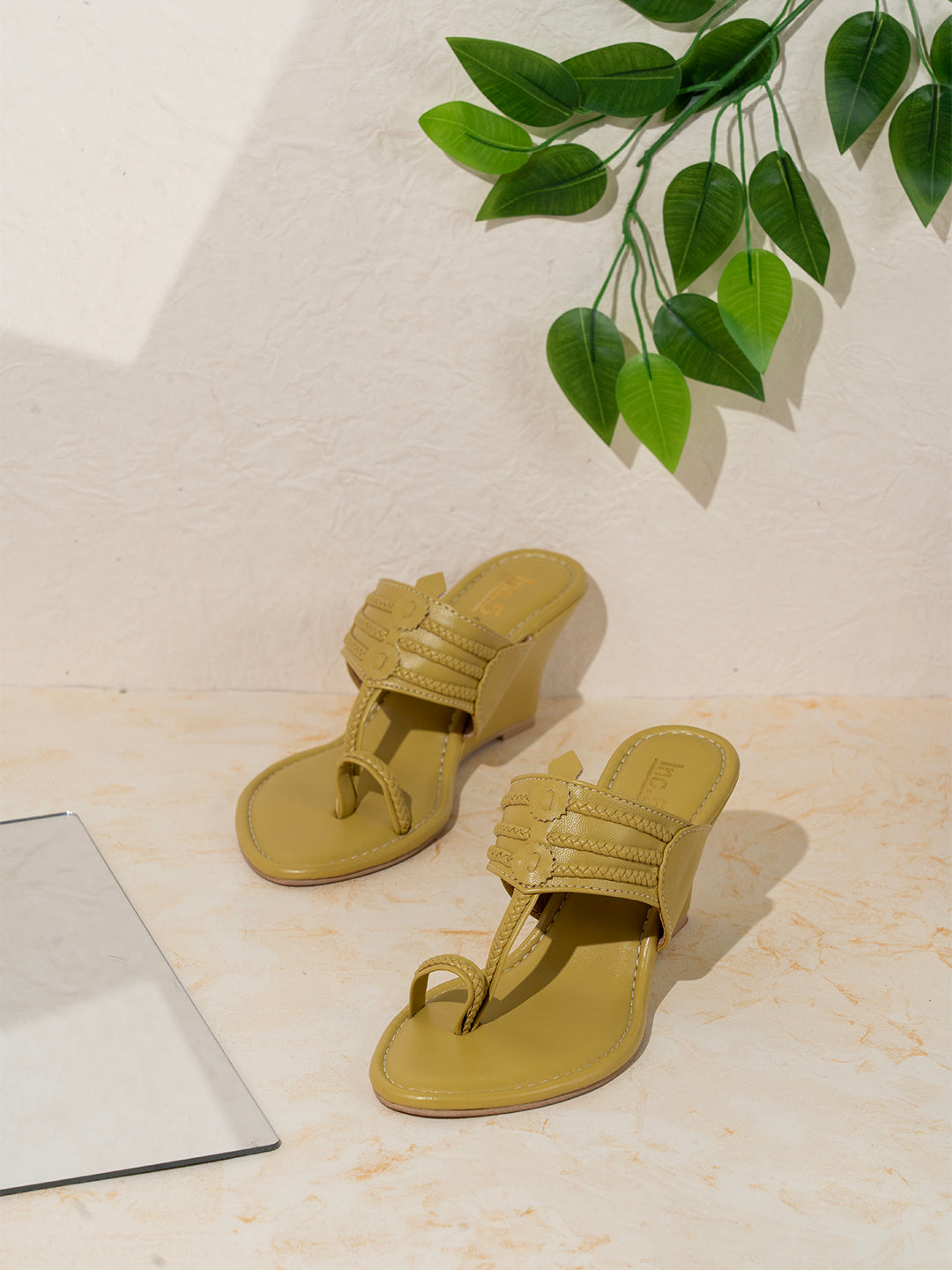 Womens Yellow Party Wear Kolhapuri Wedge Heel Sandals