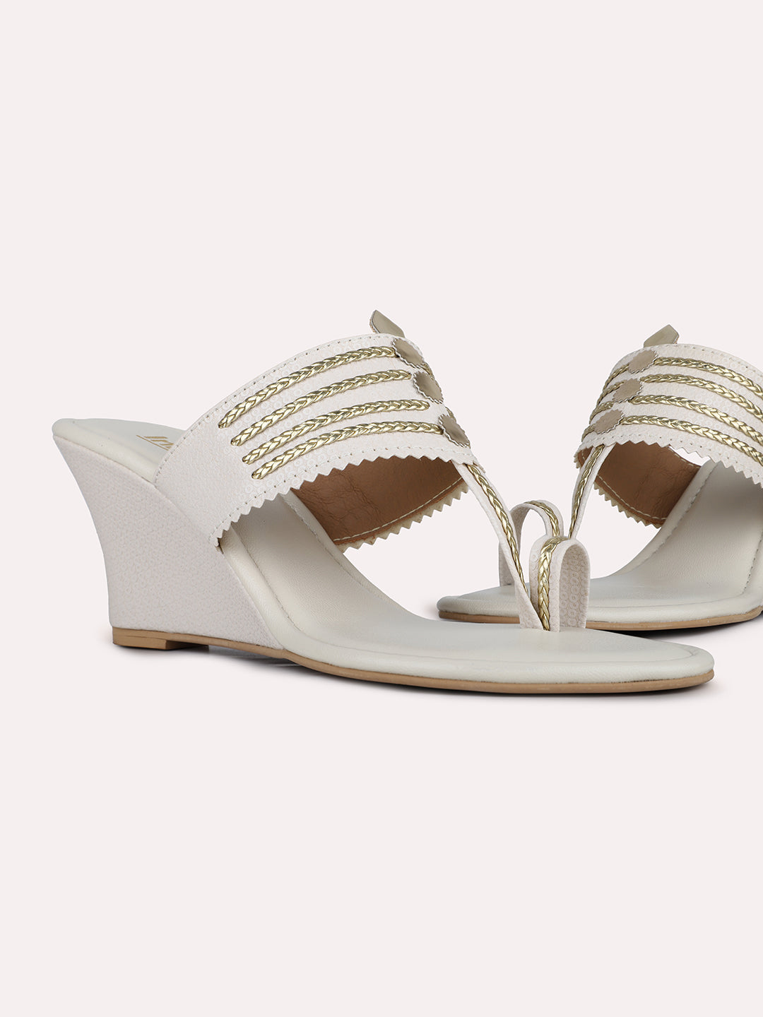 Womens Cream Party Wear Kolhapuri Wedge Heel Sandals