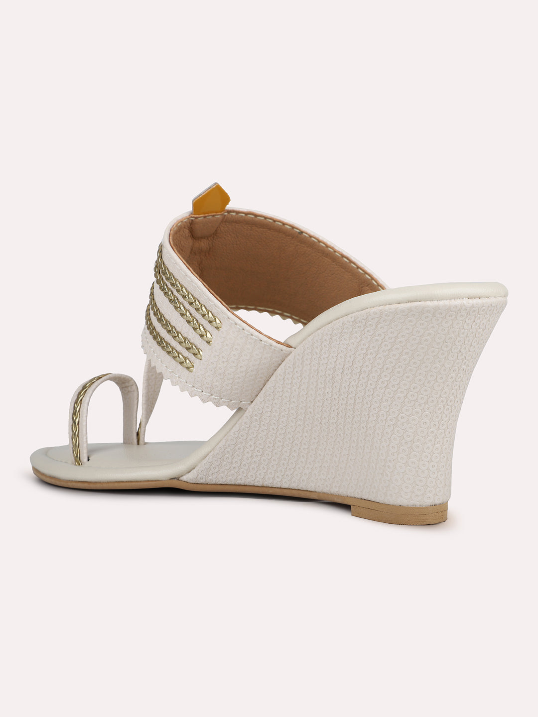 Womens Cream Party Wear Kolhapuri Wedge Heel Sandals