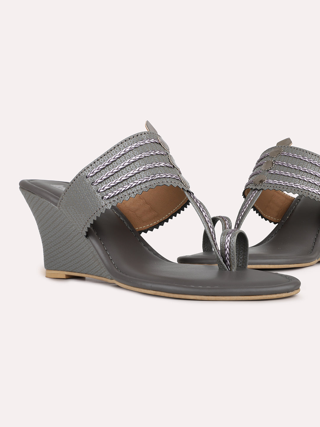 Womens Grey Party Wear Kolhapuri Wedge Heel Sandals