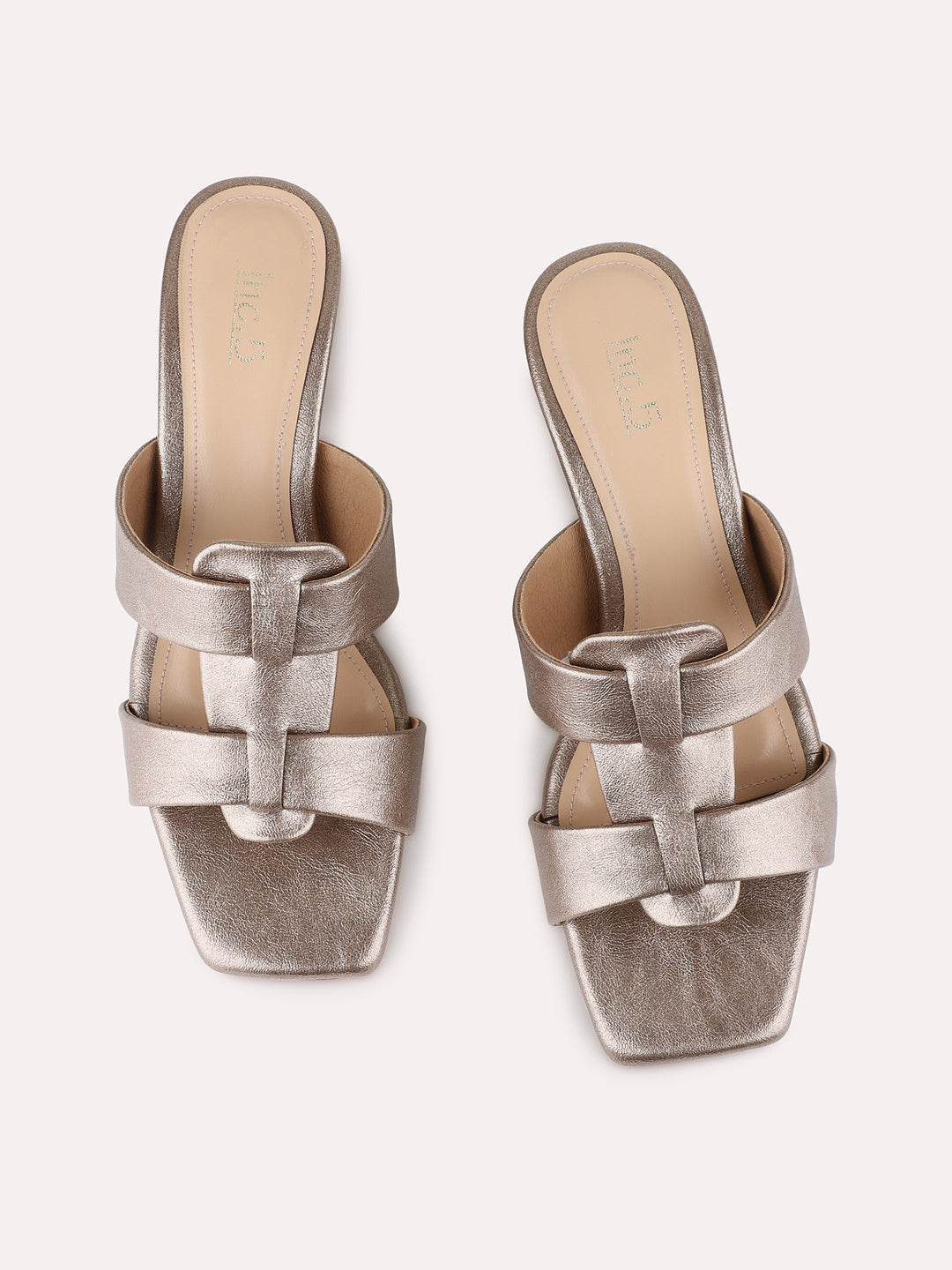 Womens Gold Party Wear Solid Pattern Square Toe Block Heel Sandals