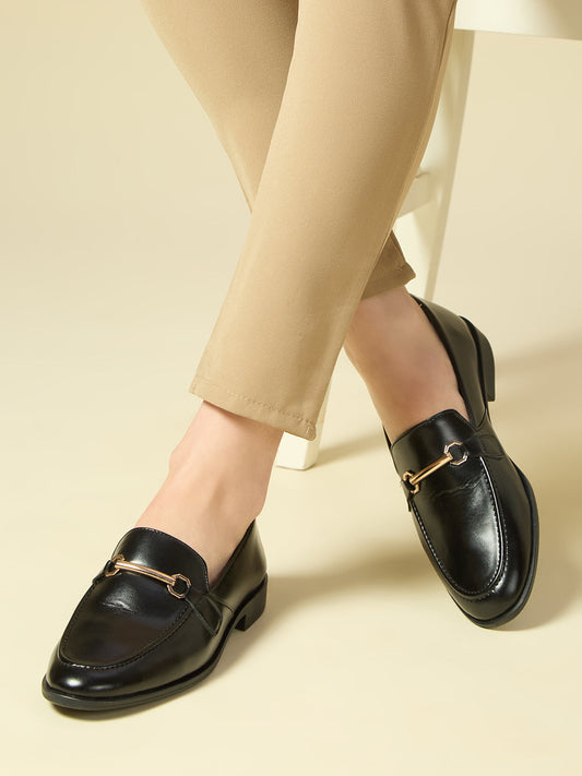Women Black Casual Solid Pattern Pointed Toe Moccasin