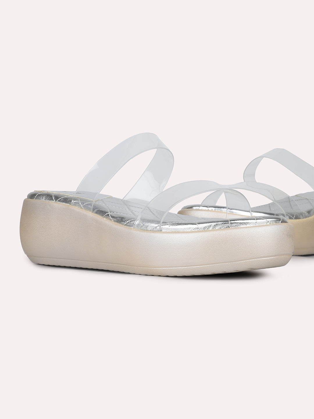 Womens Silver Transparent Round Toe Party Wear Wedge Heel Mules