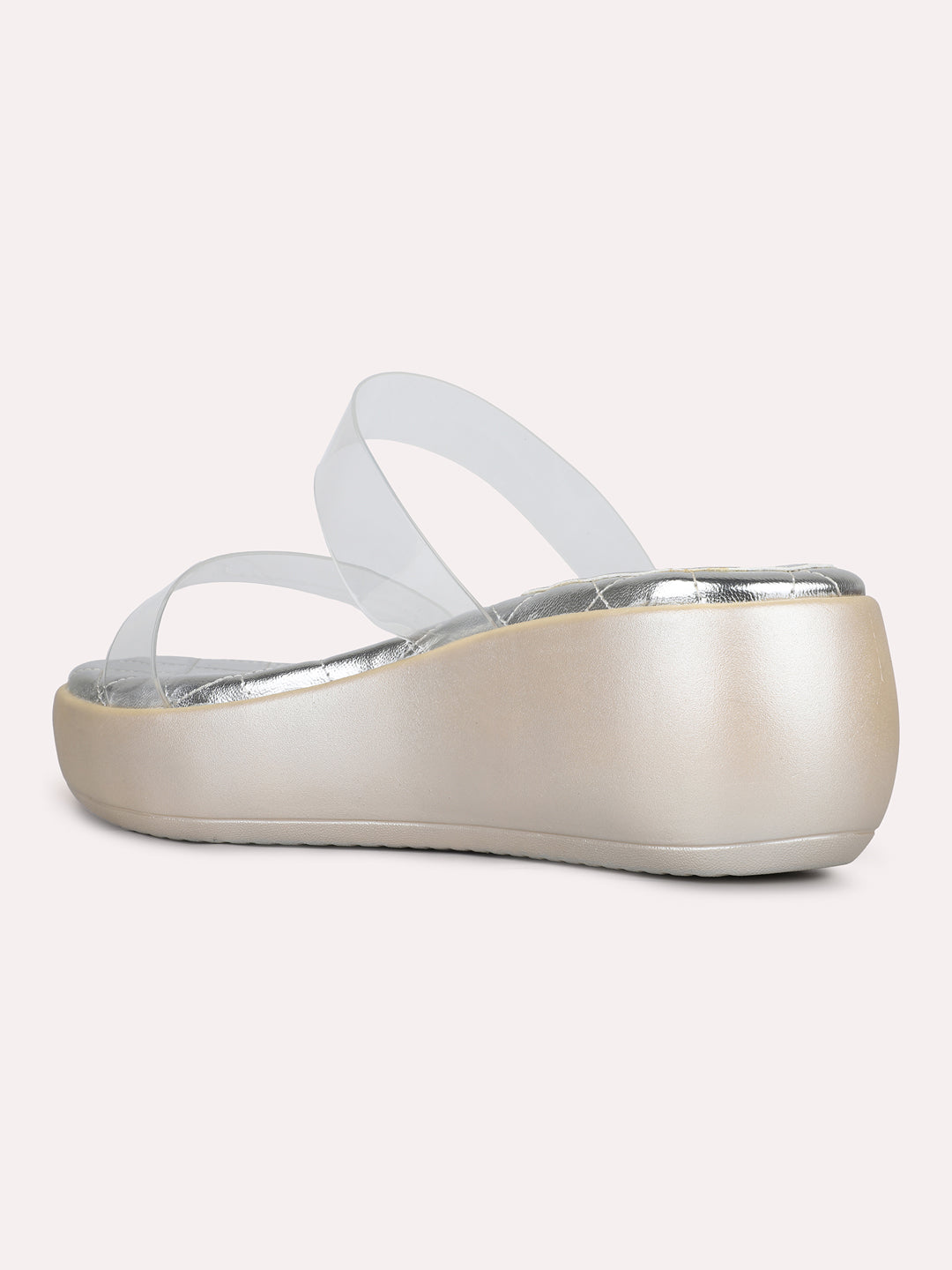 Womens Silver Transparent Round Toe Party Wear Wedge Heel Mules