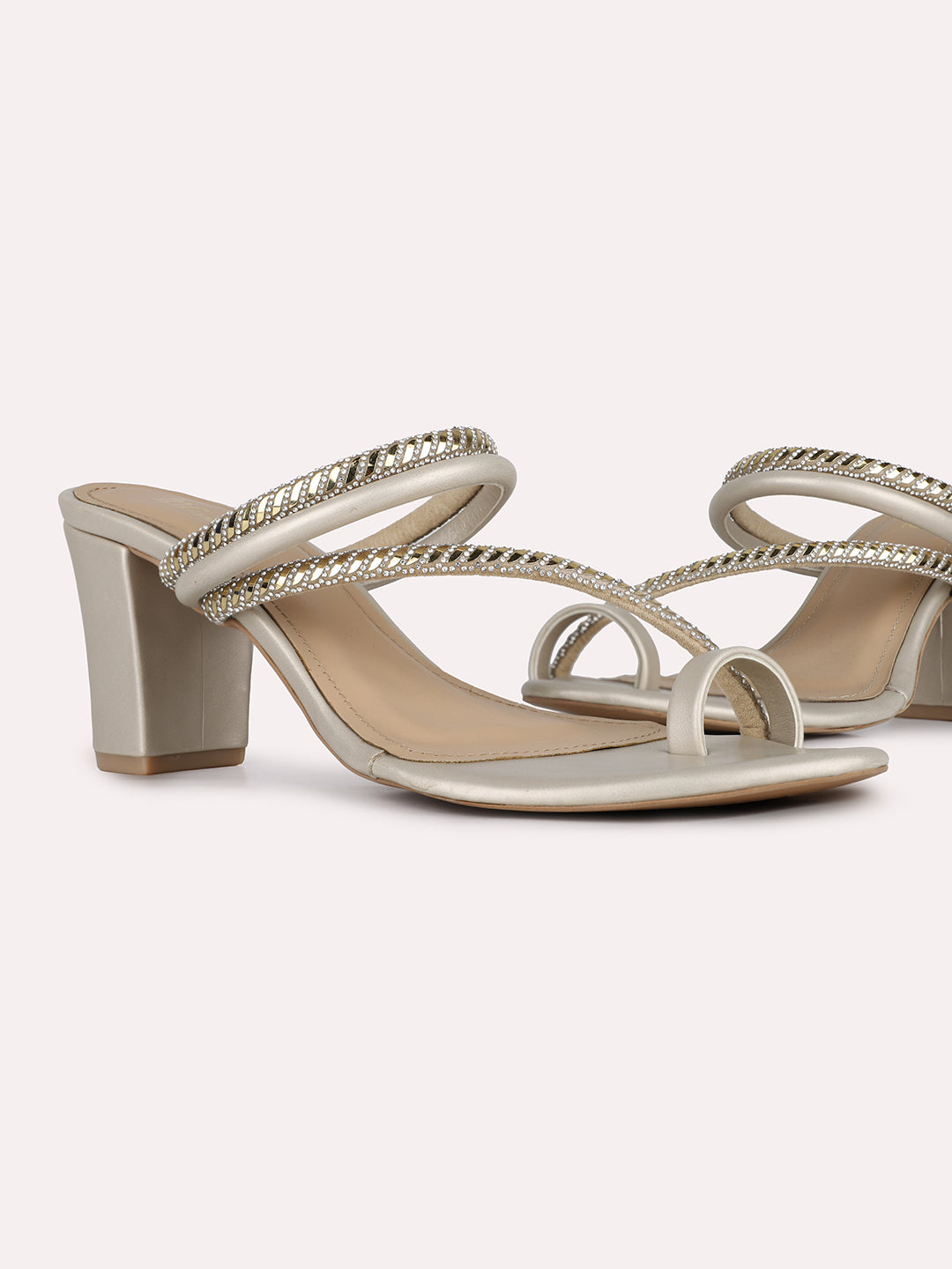 Women Golden Party Wear Embellished Round Toe Block Heels