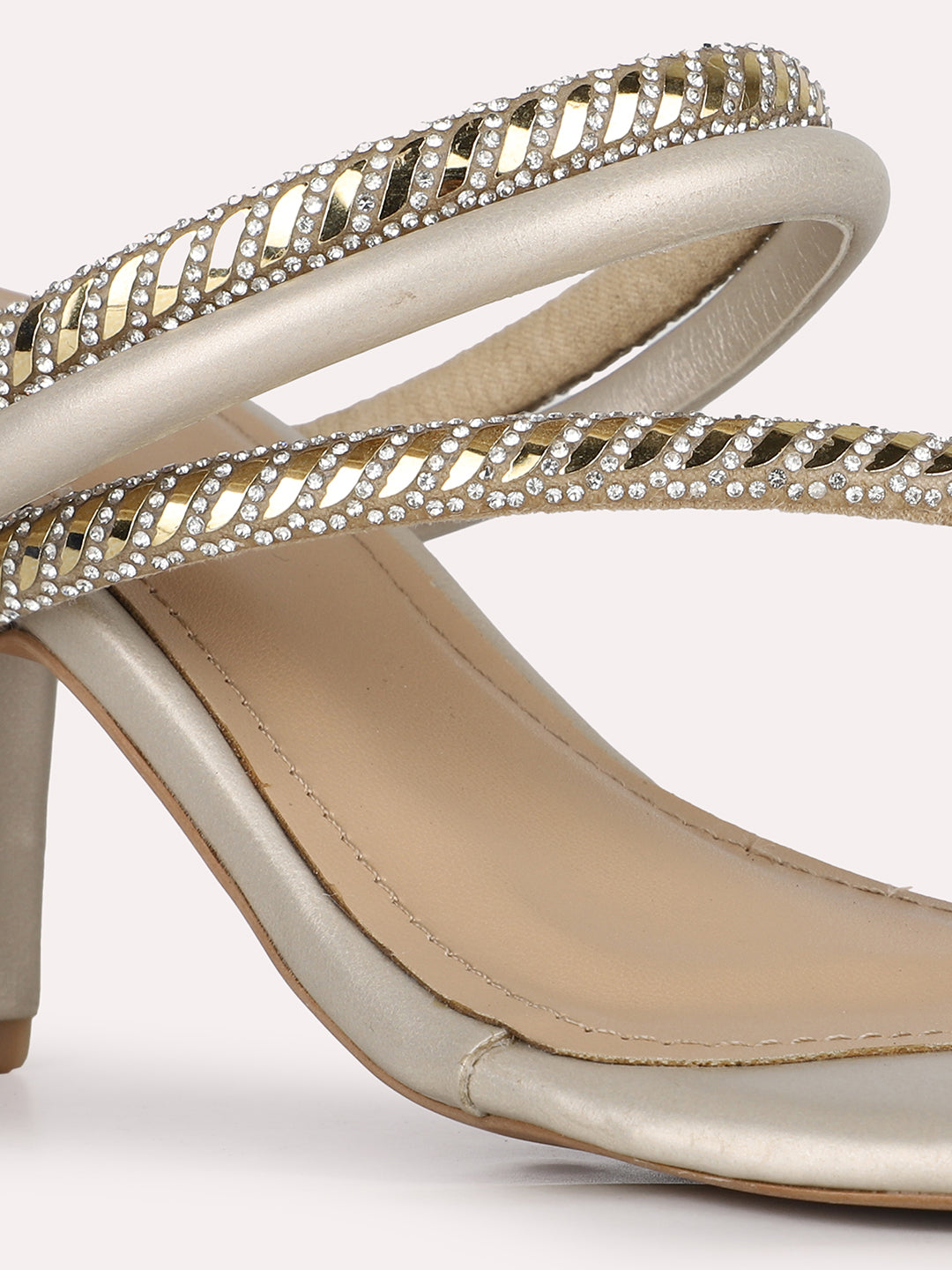 Women Golden Party Wear Embellished Round Toe Block Heels