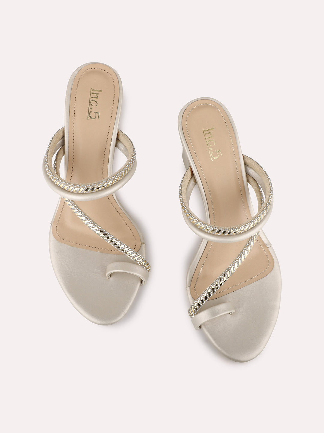 Women Golden Party Wear Embellished Round Toe Block Heels