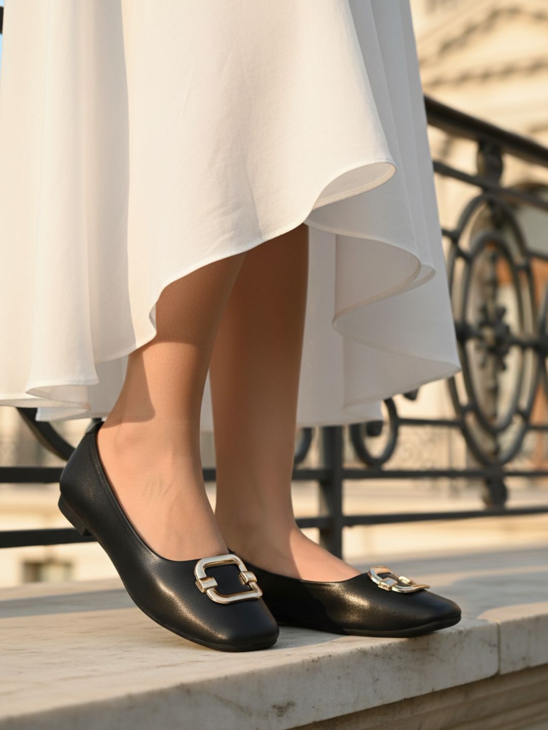 Womens Black Casual Solid Pattern Square Toe Ballerinas