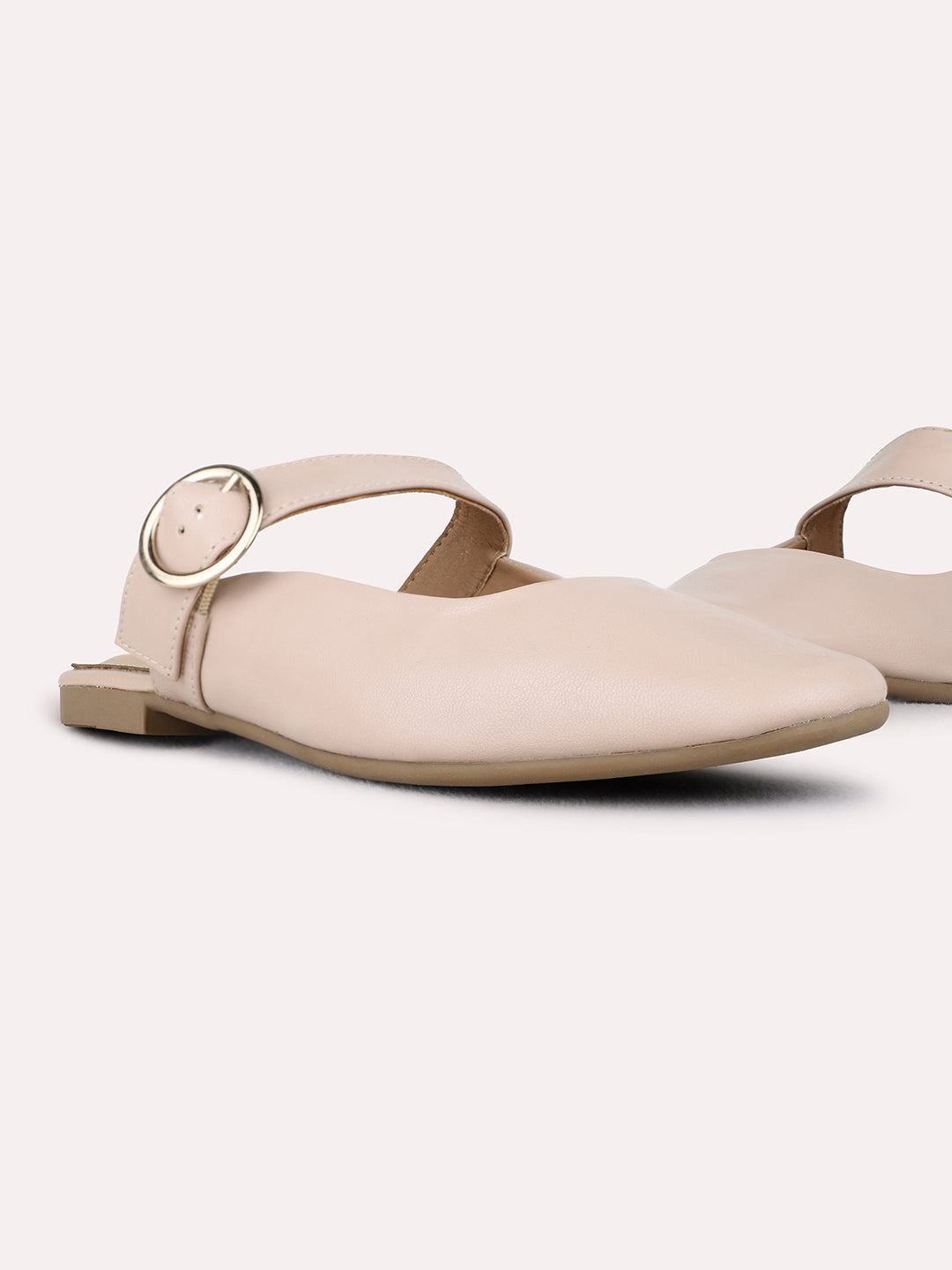 Womens Beige Casual Solid Pattern One Toe Flat Slip-On Sandals