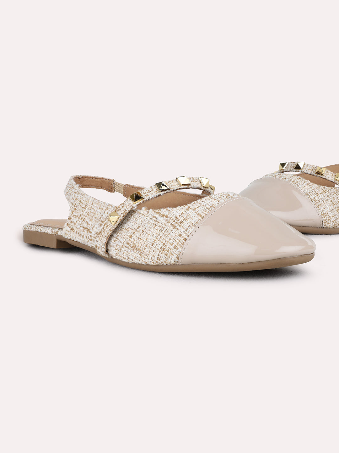 Womens Beige Party Wear Embellished One Toe Flat Mules