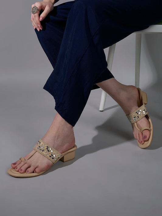 Womens Beige Ethnic Wear Textured Round Toe Block Heels