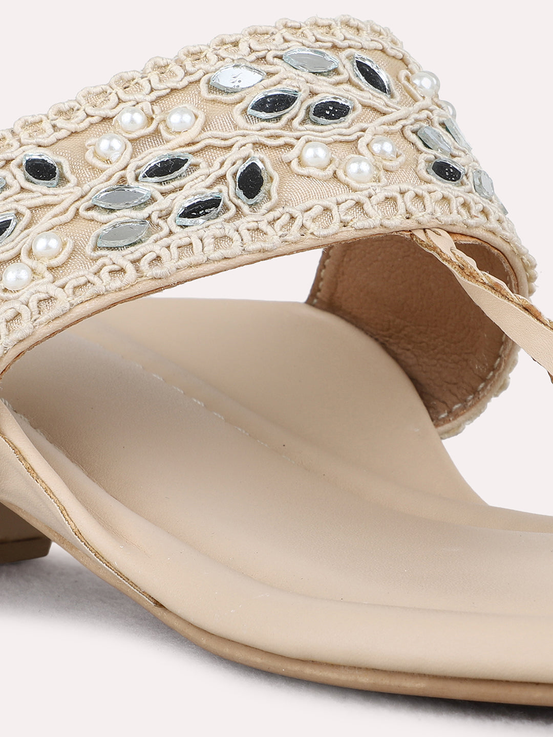 Womens Beige Ethnic Wear Textured Round Toe Block Heel Sandals