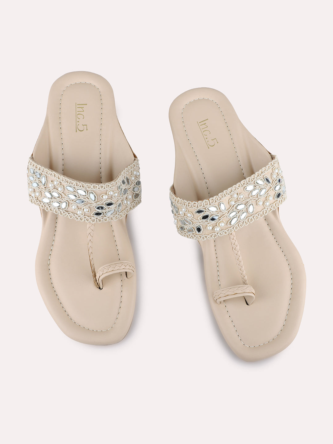 Womens Beige Ethnic Wear Textured Round Toe Block Heels
