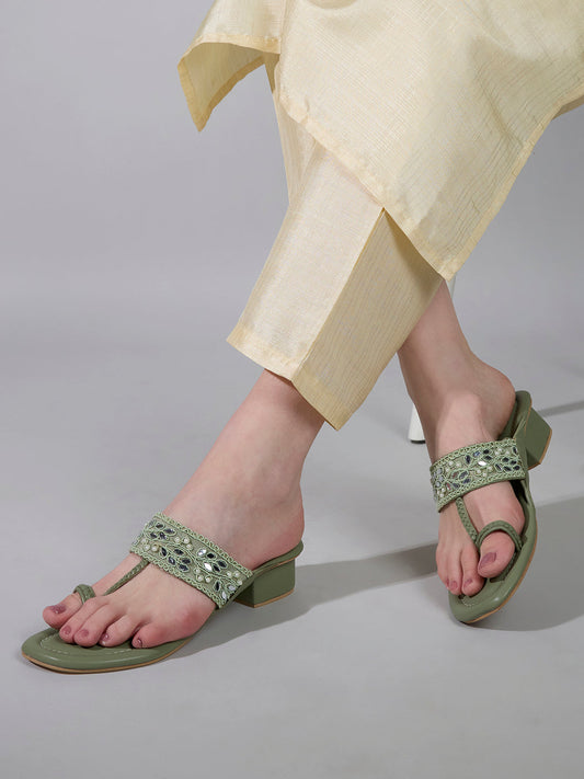 Womens Green Ethnic Wear Textured Round Toe Block Heels